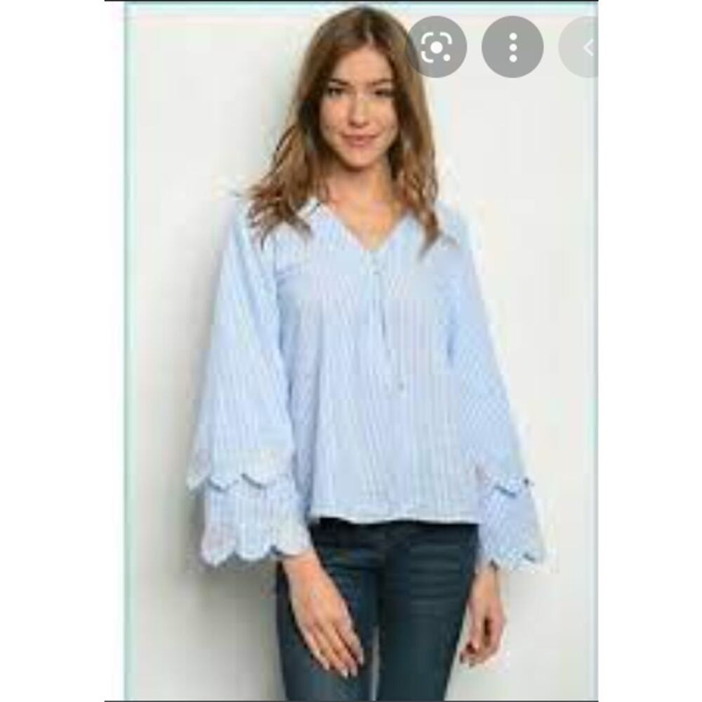 Loveriche Flare Sleeve Striped Blouse Embroidered Sleeves Boho Women's Medium